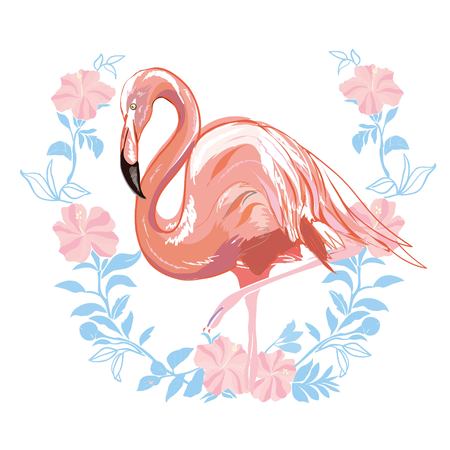 Pink flamingo vector illustration isolated on green background.の写真素材