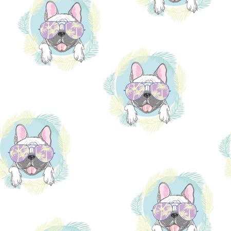 dog. french bulldog. heart sunglasses. glasses icon. illustration seamless pattern wallpaper backgroundの写真素材