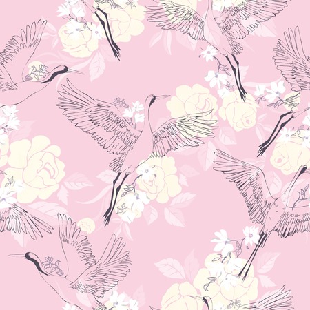 crane, pattern, vector illustration bird flower japanese flyingの写真素材