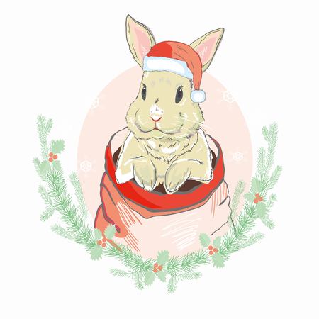christmas rabbit in santa hat, calligraphy, clip, cutout, doodle, family, funny, graphic, hand-drawn, happy isolated lined made pencil pet scratched scribble sketchy smilingの写真素材