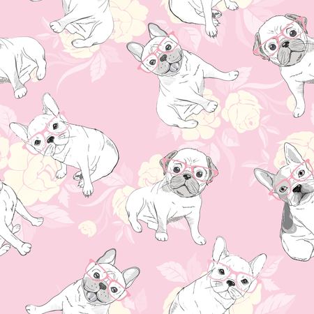 dog. french bulldog. heart sunglasses. glasses icon. illustration seamless pattern wallpaper backgroundの写真素材