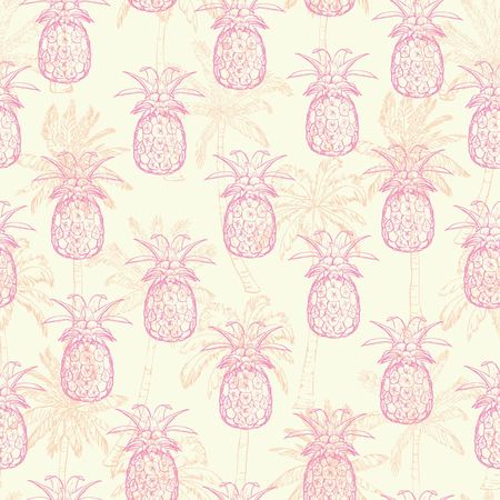 Pineapples background. Vector seamless pattern with tropical fruit. Sketch illustration.の写真素材