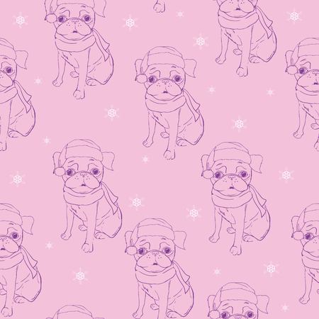 Seamless pattern with image of a Funny cartoon pugs puppies on a blue background. Vector illustration.の写真素材