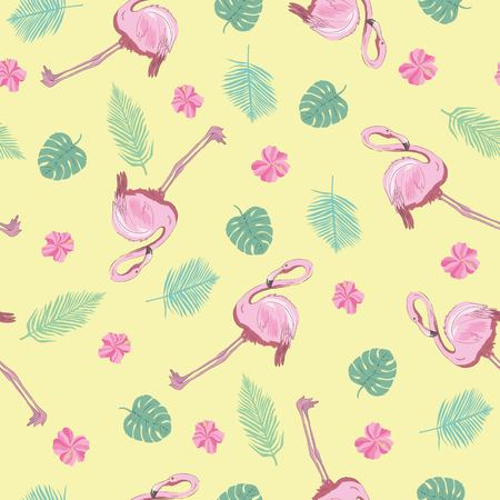 Flamingo seamless pattern on mint green background. Pink flamingo vector background design for fabric and decor.の写真素材