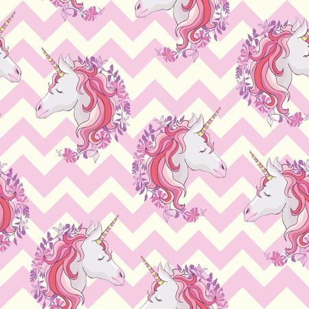 Unicorn seamless pattern. Unicorns with rainbow mane and horn on flat purple background with stars. Vector illustration.の写真素材