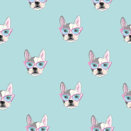 Character design pattern background of head bulldog.Doodle style on green blue.の写真素材