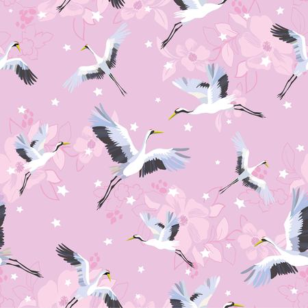 crane, pattern, vector illustration flying bird flowerの写真素材