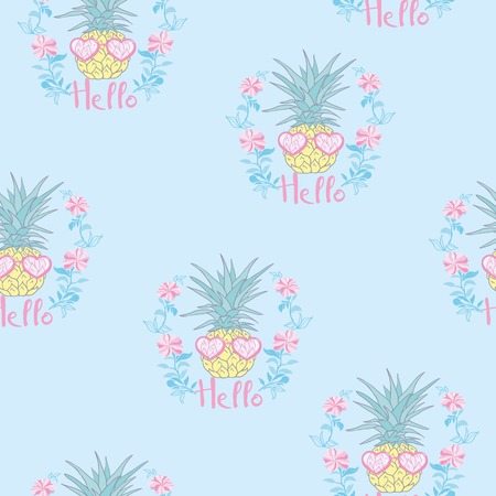 Pineapples background. Vector seamless pattern with tropical fruit. Sketch illustration.の写真素材