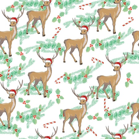 Christmas deer vector seamless pattern illustration. Reindeer vector head with horn and Santa hatの写真素材