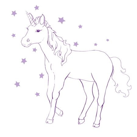 Unicorn vector icon isolated on white. Head portrait horse sticker, patch badge. Cute magic cartoon fantasy cute animal. Rainbow hair.の写真素材