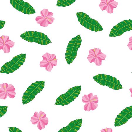 Vector tropical seamless pattern with hibiscus flowers and leavesの写真素材