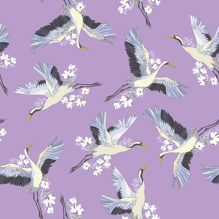 Japanese seamless pattern of birds and water. Traditional vintage fabric print. White and blue indigo background. Kimono design. Monochrome vector illustration.の写真素材