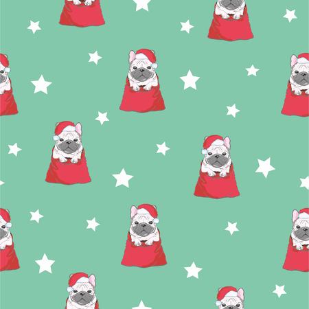 Seamless pattern with image of a Funny cartoon pugs puppies on a blue background. Vector illustration.の写真素材