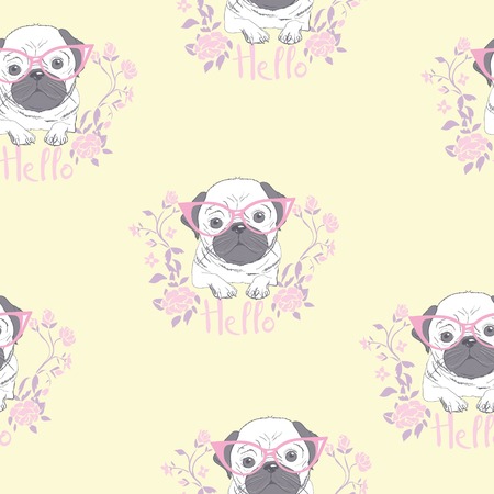 Character design pattern background of head bulldog.Doodle style on green blue.の写真素材
