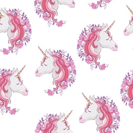 Unicorn and rainbow seamless pattern isolated on white backgroundの写真素材