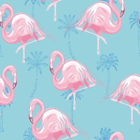 Beautiful seamless vector tropical pattern background with flamingo and hibiscus. Abstract texture, stripes. Perfect for wallpapers, web page backgrounds, surface textures, textile.の写真素材