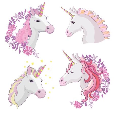 Unicorn vector icon isolated on white. Head portrait horse sticker, patch badge. Cute magic cartoon fantasy cute animal. Rainbow hair.の写真素材