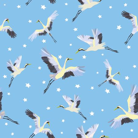 Japanese seamless pattern of birds and water. Traditional vintage fabric print. White and blue indigo background. Kimono design. Monochrome vector illustration.の写真素材