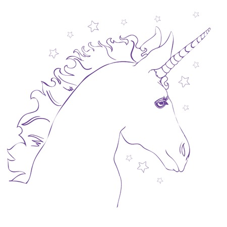 Sketch Unicorn, hand drawn ink illustration.Unicorn horse animal.White mythical horse head with long horn. Mythic symbol of fantasy horseの写真素材