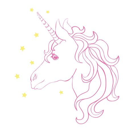 Unicorn vector icon isolated on white. Head portrait horse sticker, patch badge. Cute magic cartoon fantasy cute animal. Rainbow hair.の写真素材