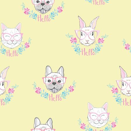 Funny girlish seamless pattern with cute kitty, dog, rabbit, faces.の写真素材