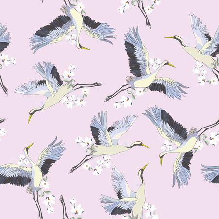Japanese seamless pattern of birds and water. Traditional vintage fabric print. White and blue indigo background. Kimono design. Monochrome vector illustration.の写真素材