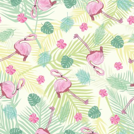 Beautiful seamless vector tropical pattern background with flamingo and hibiscus. Abstract texture, stripes. Perfect for wallpapers, web page backgrounds, surface textures, textile.の写真素材