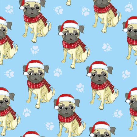 Vector seamless pattern with pug-dog in Santa's hat and traces. Dog - animal symbol of New Year 2018.の写真素材