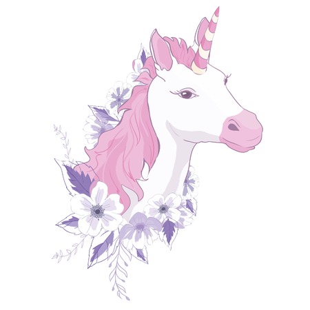 unicorn vector head with mane and horn on floral background.の写真素材