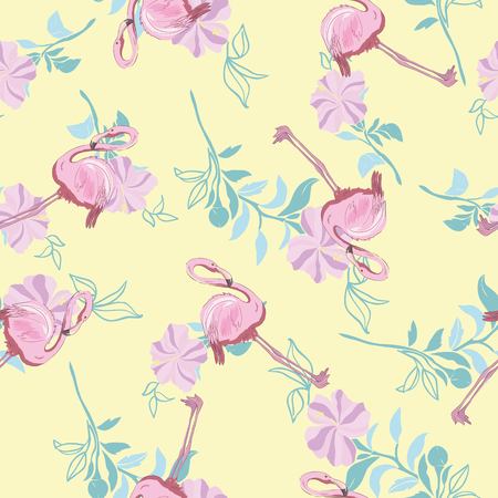 Flamingo seamless pattern on mint green background. Pink flamingo vector background design for fabric and decor.の写真素材