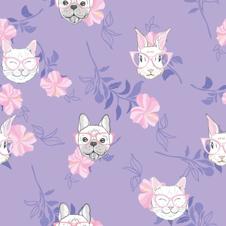 Funny girlish seamless pattern with cute kitty, dog, rabbit, faces.の写真素材