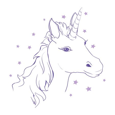 Sketch Unicorn, hand drawn ink illustration.Unicorn horse animal.White mythical horse head with long horn. Mythic symbol of fantasy horseの写真素材