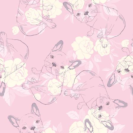 dog french bulldog. heart sunglasses. glasses icon. illustration seamless pattern wallpaper backgroundの写真素材