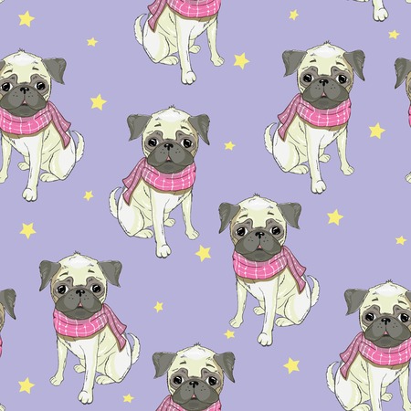 Seamless pattern with image of a Funny cartoon pugs puppies on a blue background. Vector illustration.の写真素材