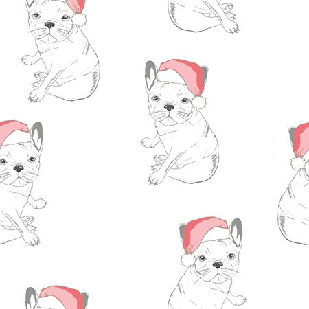 Seamless pattern with image of a Funny cartoon pugs puppies on a blue background. Vector illustration.の写真素材