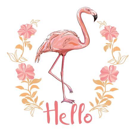 Flamingo isolated on background. Pink flamingo standing on one leg. African exotic bird. Vectorの写真素材
