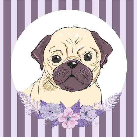 bulldog with flowers, illustration vectorの写真素材