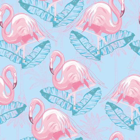 Beautiful seamless vector tropical pattern background with flamingo and hibiscus. Abstract texture, stripes. Perfect for wallpapers, web page backgrounds, surface textures, textile.の写真素材