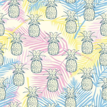 Pineapples background. Vector seamless pattern with tropical fruit. Sketch illustration.の写真素材