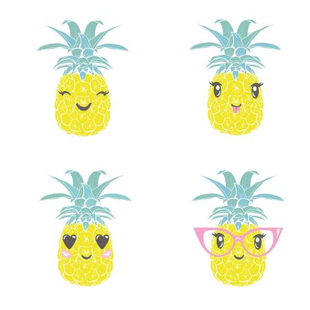 pineapple with glasses tropical, vector, illustration, design, exotic, food, fruitのイラスト素材