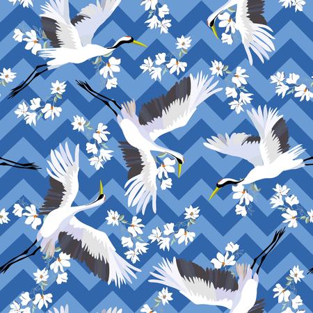 crane, pattern, vector illustration flying bird flowerのイラスト素材