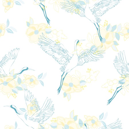 crane, pattern, vector illustration flying bird flowerのイラスト素材
