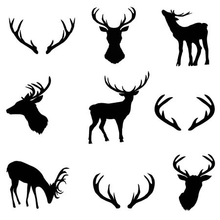 vector large collection of deer silhouettes, , animal, nature, symbol, wild black element isolatedのイラスト素材