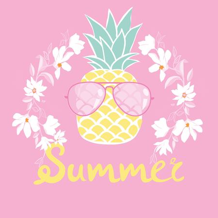 pineapple with glasses tropical, vector, illustration, design, exotic, food, fruitのイラスト素材