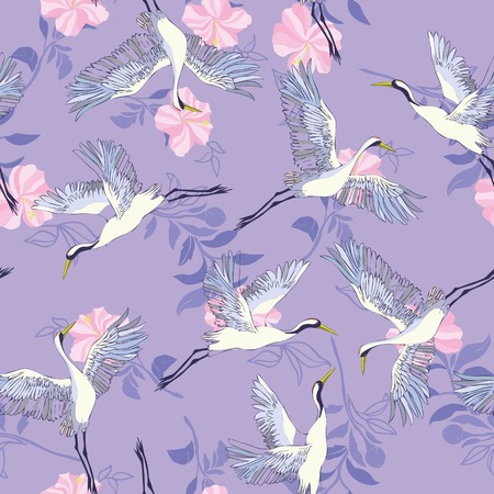 crane, pattern, vector illustration flying bird flowerのイラスト素材