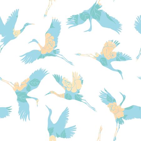 crane, pattern, vector illustration flying bird flowerのイラスト素材