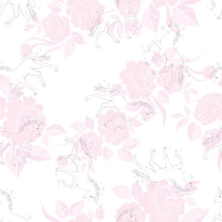 Unicorn seamless pattern. Unicorns with rainbow mane and horn on flat purple background with stars. Vector illustration.のイラスト素材