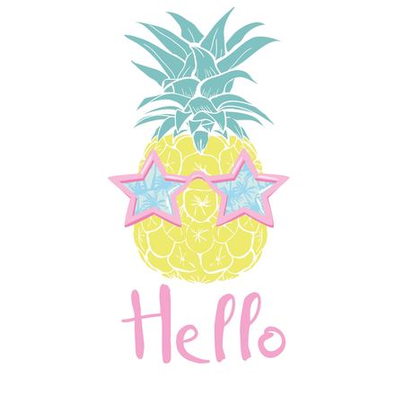 pineapple with glasses tropical, vector, illustration, design, exotic, food, fruitのイラスト素材
