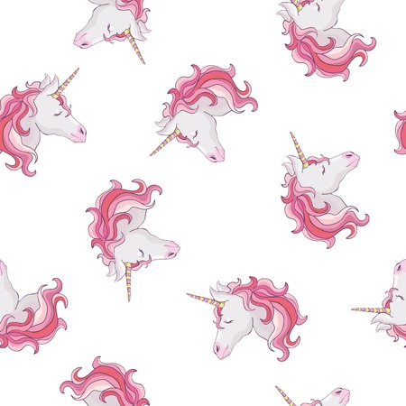 Unicorn seamless pattern. Unicorns with rainbow mane and horn on flat purple background with stars. Vector illustration.のイラスト素材
