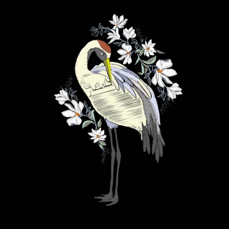 Embroidery with crane bird. Fashion decoration. Design element Vectorの写真素材